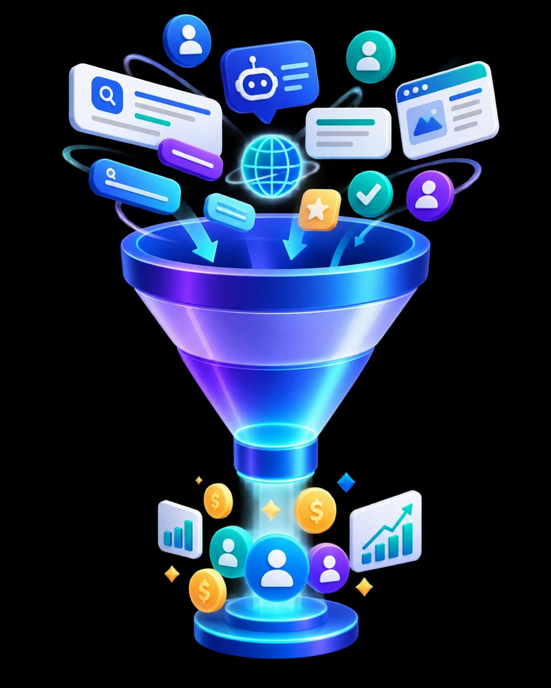 Ilustrasi funnel SEO dan GEO untuk mengubah visibilitas menjadi lead berkualitas