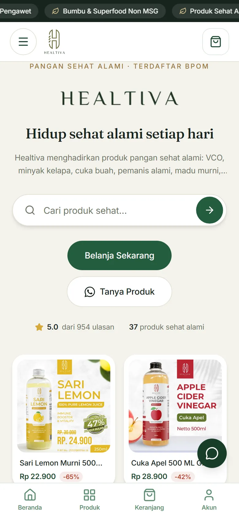 Tangkapan layar toko Healtiva di ponsel